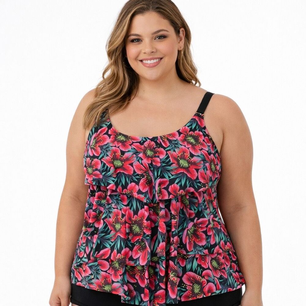 Beach Party Swimwear Floral Tankini Top Women’s Size 18 Ruffle Tiered Swim Top